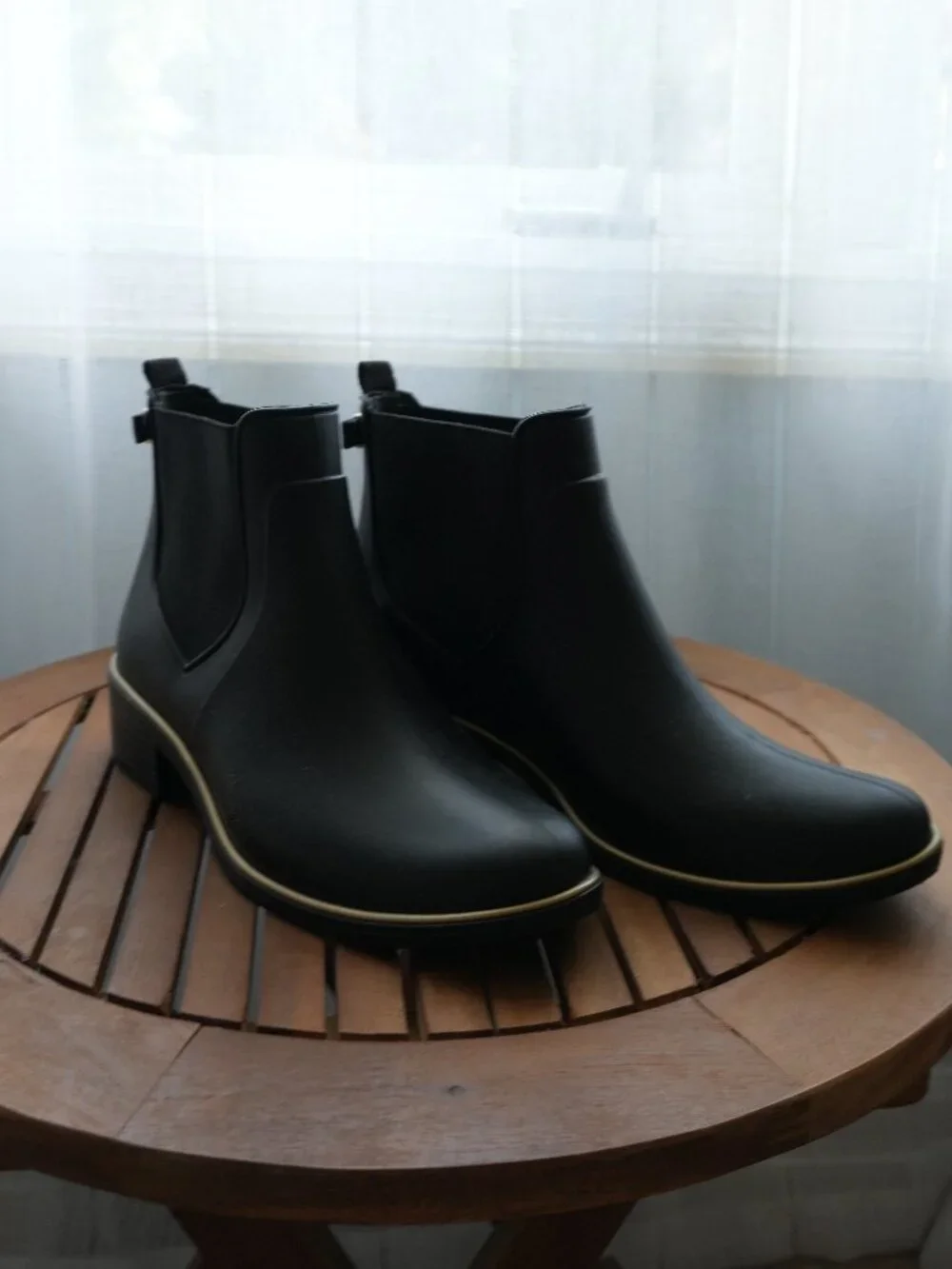 Kate Spade Black Chelsea Rain Boots with Gold Trim